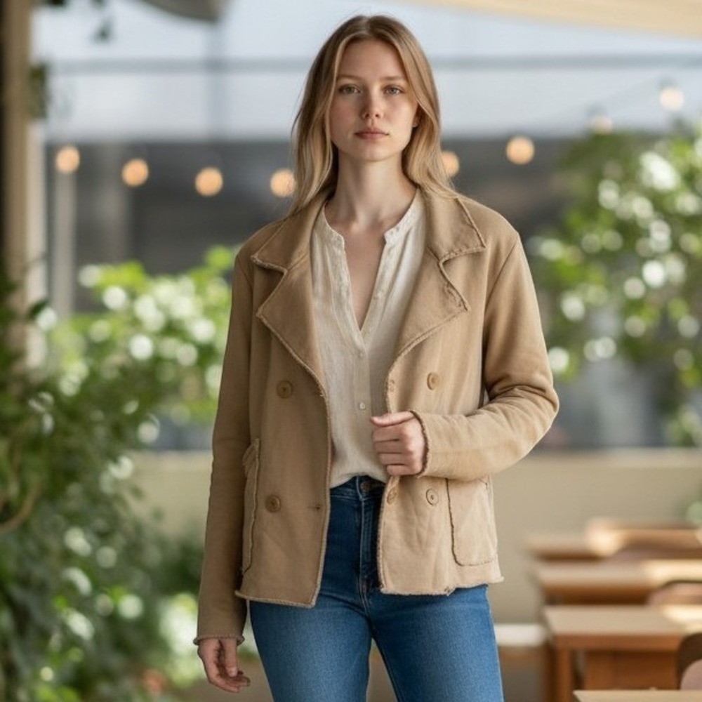 Frank & Eileen Labcrop Jacket Womens S Tan Cotton French Terry Peacoat Blazer